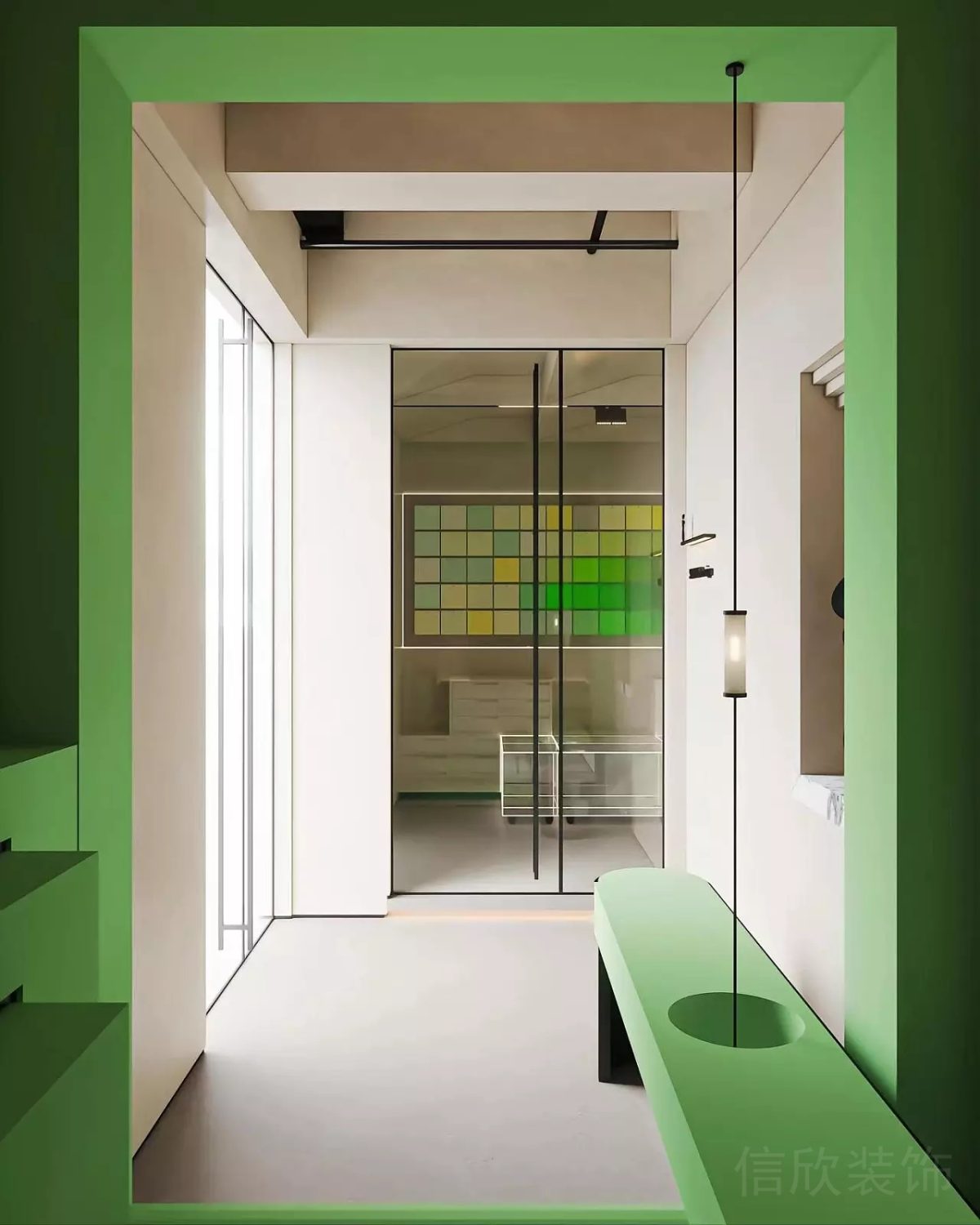 綠色設(shè)計裝修過道天花鋼管燈飾設(shè)計座椅鏤空走廊休息區(qū)辦公室裝修圖