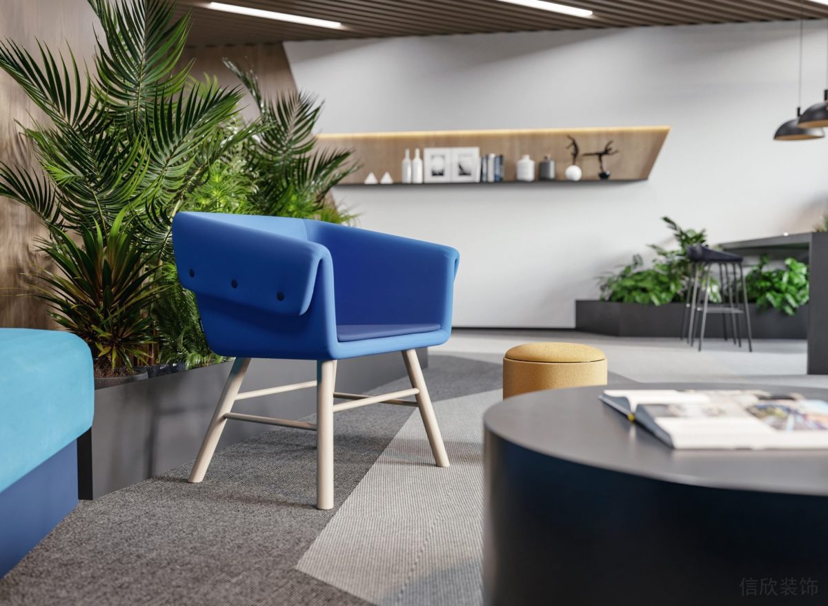 藍(lán)色設(shè)計座椅效果裝修綠化地毯辦公室茶幾效果內(nèi)嵌式木質(zhì)墻體辦公室