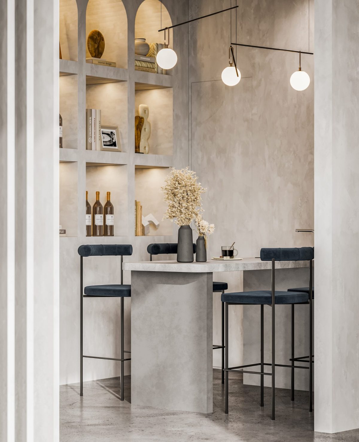 木質(zhì)地板裝修灰色調(diào)設(shè)計(jì)半墻圓角胡桃木裝修過道辦公室