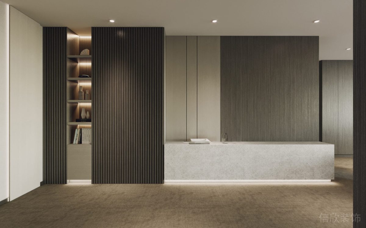 內(nèi)嵌式燈帶收納書柜效果腳燈直線式大理石長桌前臺區(qū)裝修圖