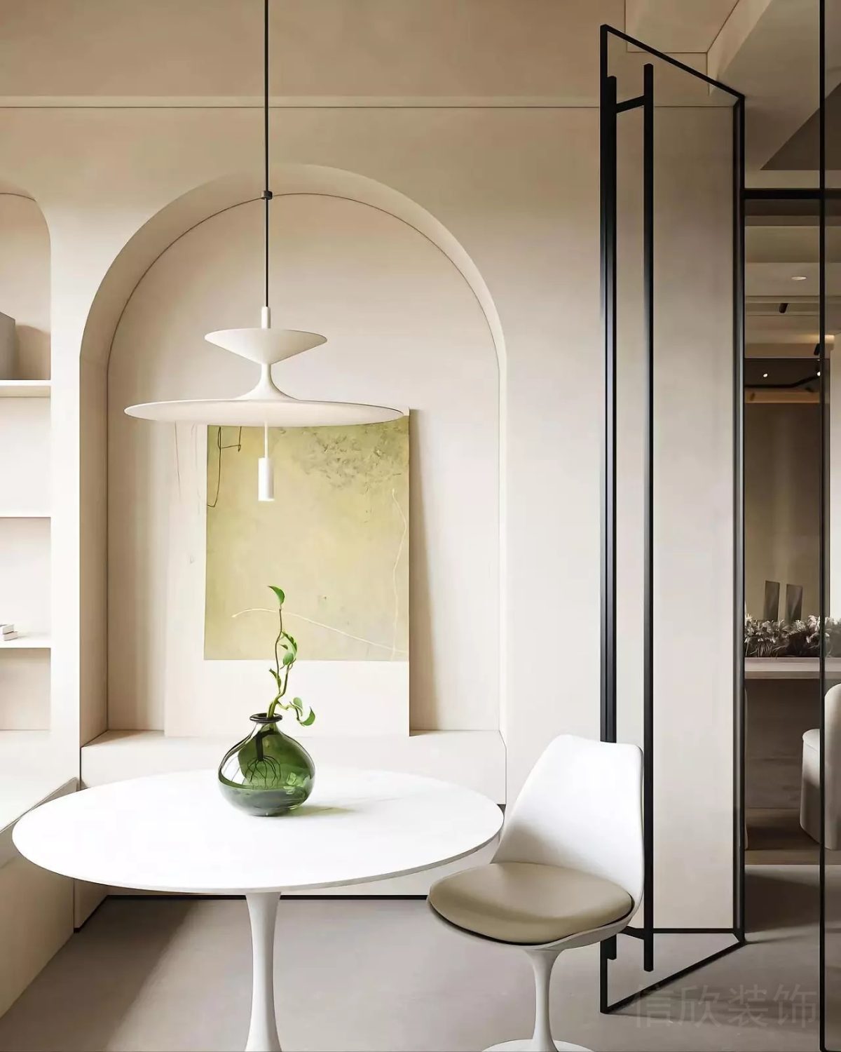 內(nèi)嵌式拱形墻體設(shè)計效果休息區(qū)辦公室裝修效果白色簡約風設(shè)計圖