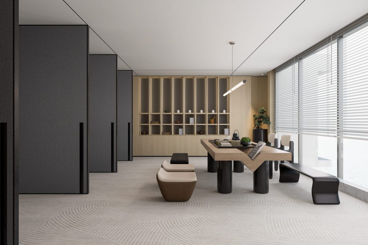 偏軸門黑色效果木質(zhì)洽談室中式禪室效果內(nèi)嵌式裝修圖