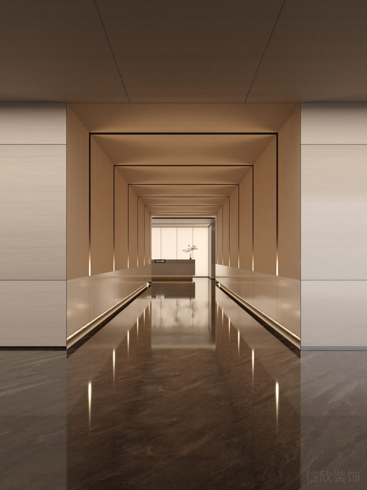 輕奢風過道效果辦公室裝修玫瑰金設(shè)計走廊辦公室