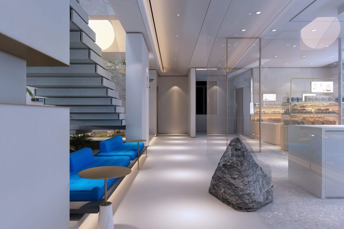 奇石設(shè)計(jì)玻璃隔斷走廊辦公室裝修座椅休息區(qū)