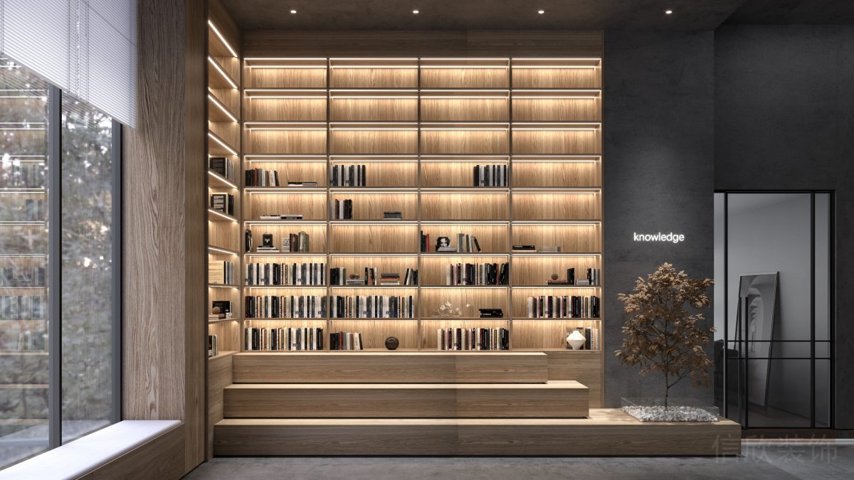 收納儲物書柜效果辦公室裝修階梯式燈飾設(shè)計休息區(qū)