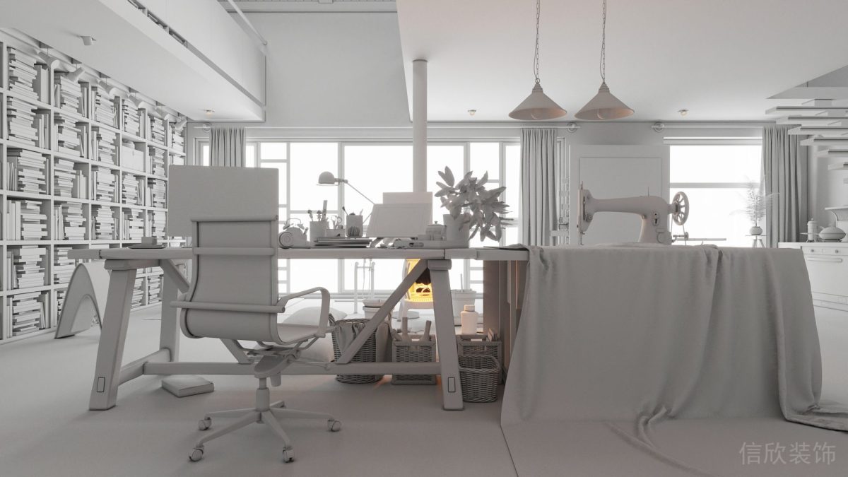 室內(nèi)設(shè)計(jì)渲染圖工作室白色3d設(shè)計(jì)效果復(fù)古陳列裝飾