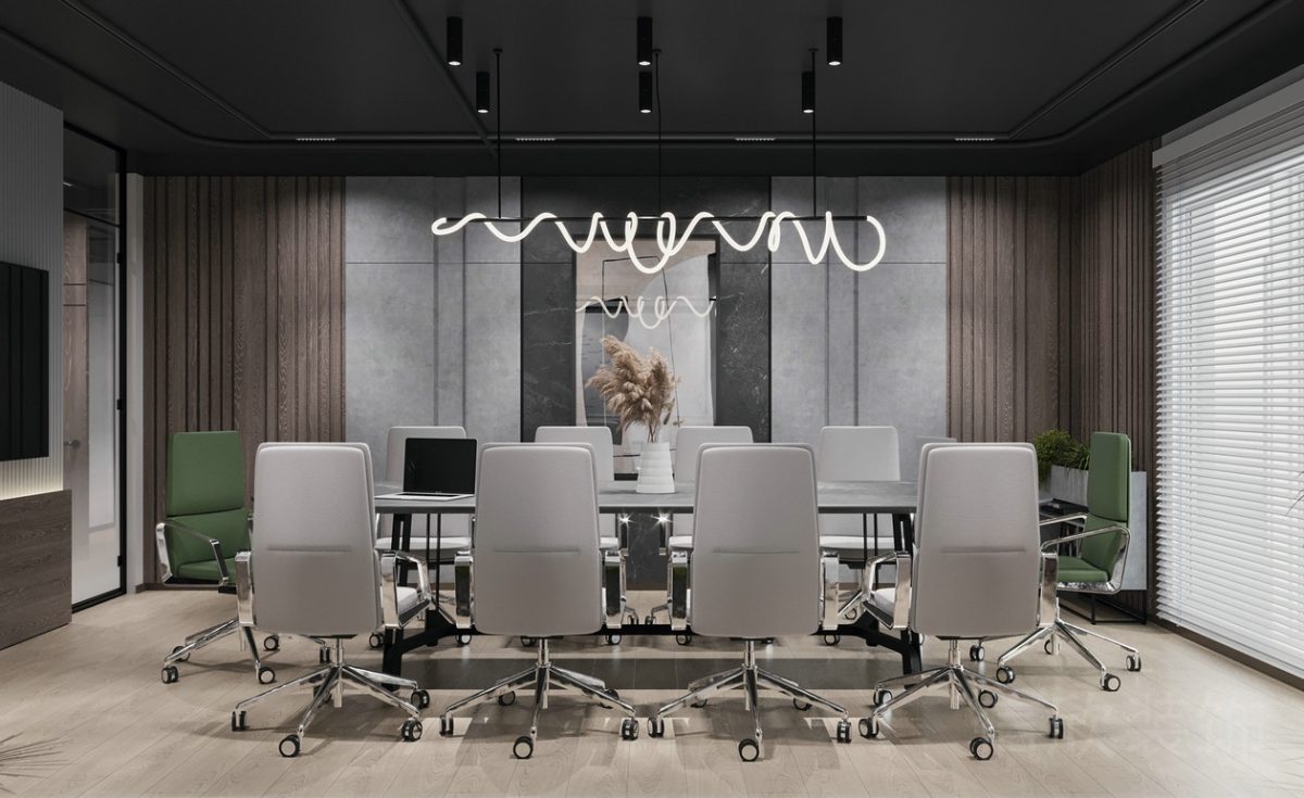 天花環(huán)形燈帶效果圖暖光燈會(huì)議室設(shè)計(jì)皮革白色座椅實(shí)木地板辦公室設(shè)計(jì)圖