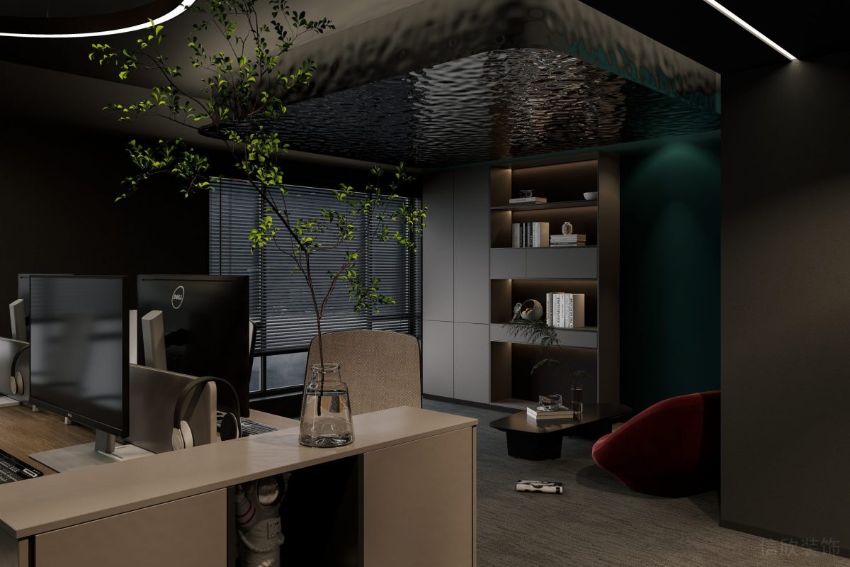 天花鏡面設計效果裝修木制半墻隔斷過道休息區(qū)辦公室裝修