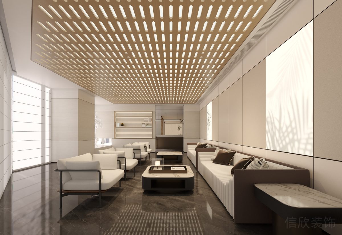 天花鏤空設(shè)計木質(zhì)效果裝修直線式白色沙發(fā)效果裝修木質(zhì)座椅瓷磚地板辦公室
