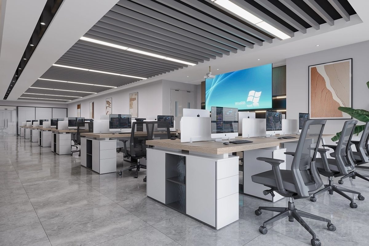 天花鏤空式設(shè)計裝修工位效果木飾面可調(diào)節(jié)高度裝修辦公室