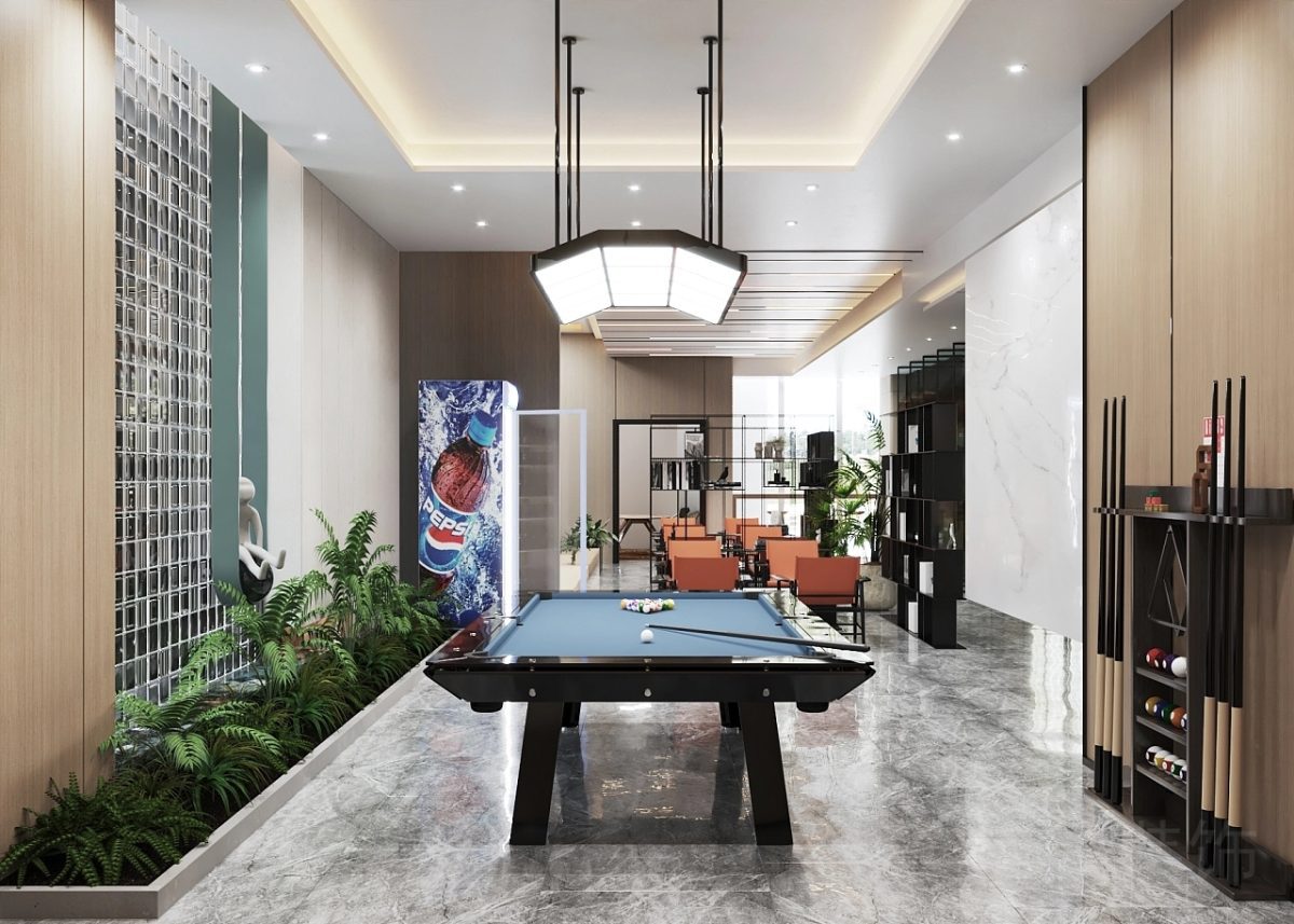 臺球室辦公室裝修效果微景觀環(huán)形效果裝修大理石設計