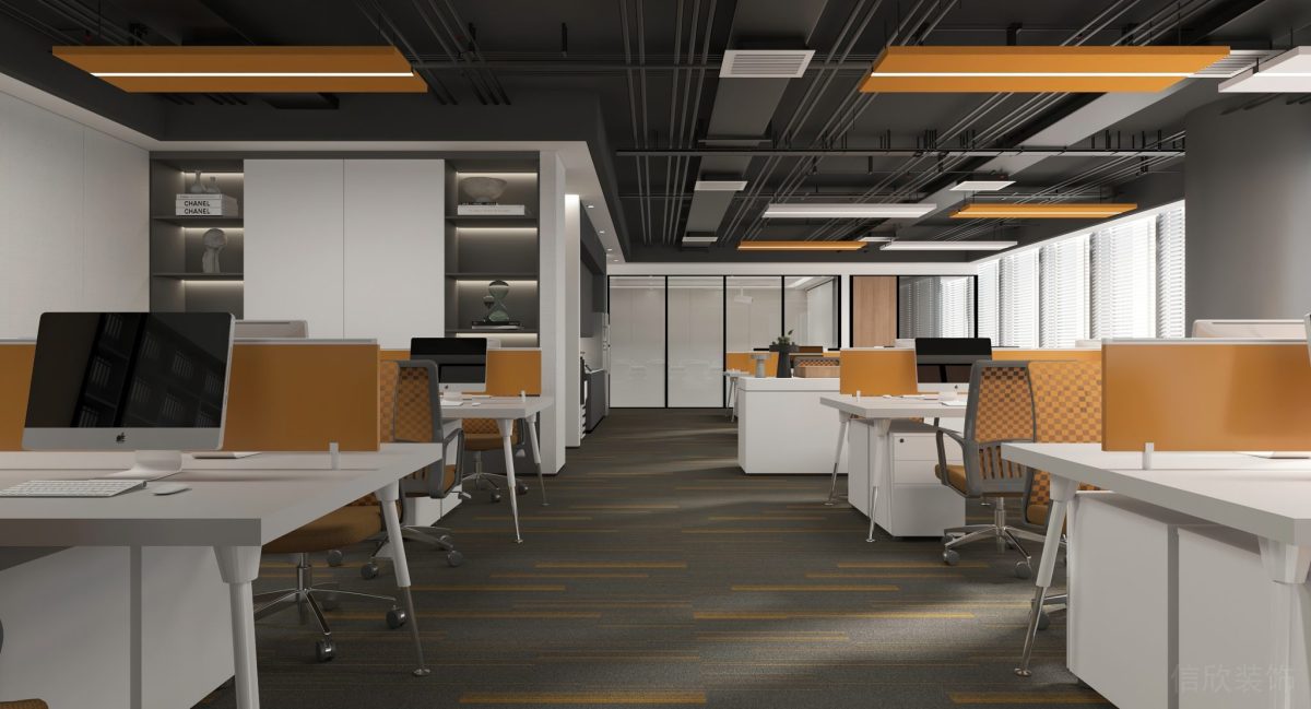 現(xiàn)代工業(yè)風(fēng)辦公室裝修橙色設(shè)計工位裝修地毯設(shè)計墻體隔斷效果圖