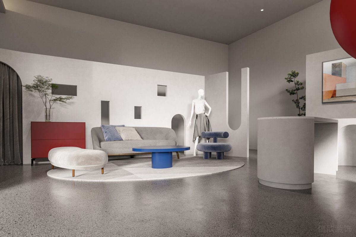 現(xiàn)代簡約風(fēng)辦公室裝修圓形水磨石地板效果鏤空墻體隔斷白色設(shè)計(jì)紅藍(lán)點(diǎn)綴效果