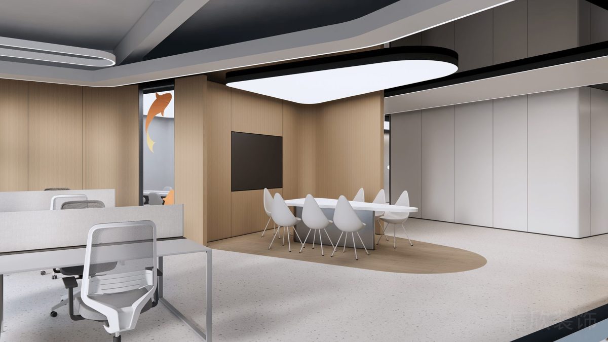 現(xiàn)代簡(jiǎn)約風(fēng)原木風(fēng)辦公室裝修開(kāi)放式會(huì)議室裝修簡(jiǎn)約風(fēng)藝術(shù)感白色座椅設(shè)計(jì)