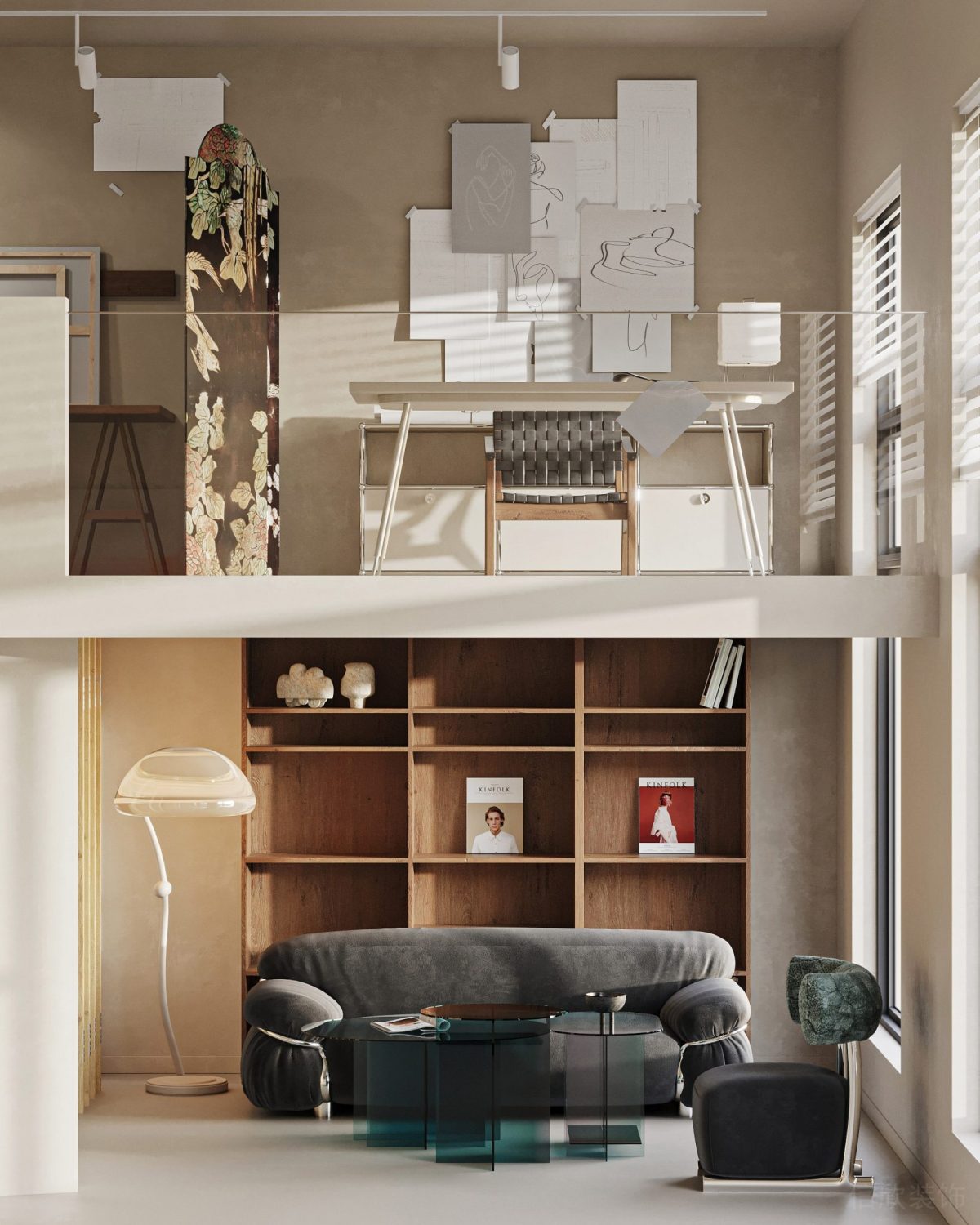 小戶型工作室設(shè)計木飾面收納格子柜設(shè)計沙發(fā)效果玻璃半墻設(shè)計繪畫辦公室