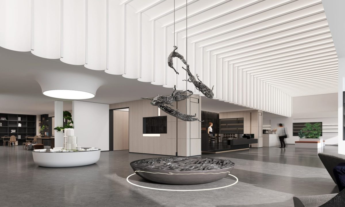 新中式風(fēng)格辦公室裝修圓形微景觀裝修白色天花設(shè)計(jì)效果辦公室裝修圖