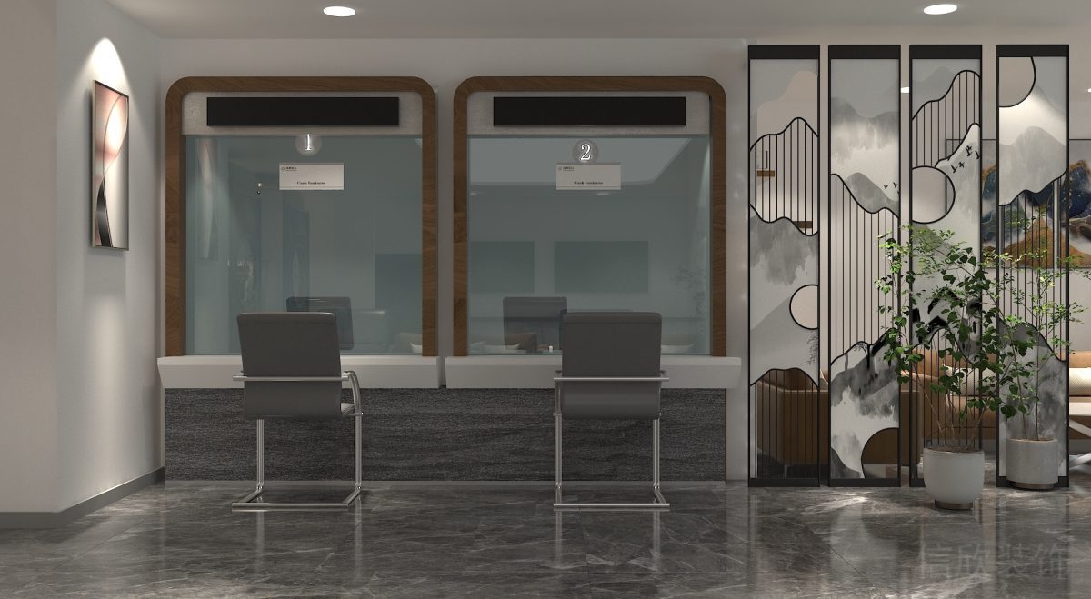 銀行柜臺(tái)窗口辦公室設(shè)計(jì)鏤空隔斷墻體效果裝修