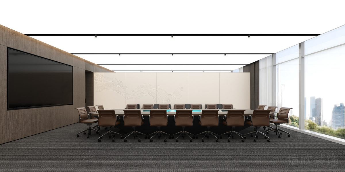 原木風(fēng)辦公室洽談室裝修內(nèi)嵌式顯示屏裝修木質(zhì)墻體效果