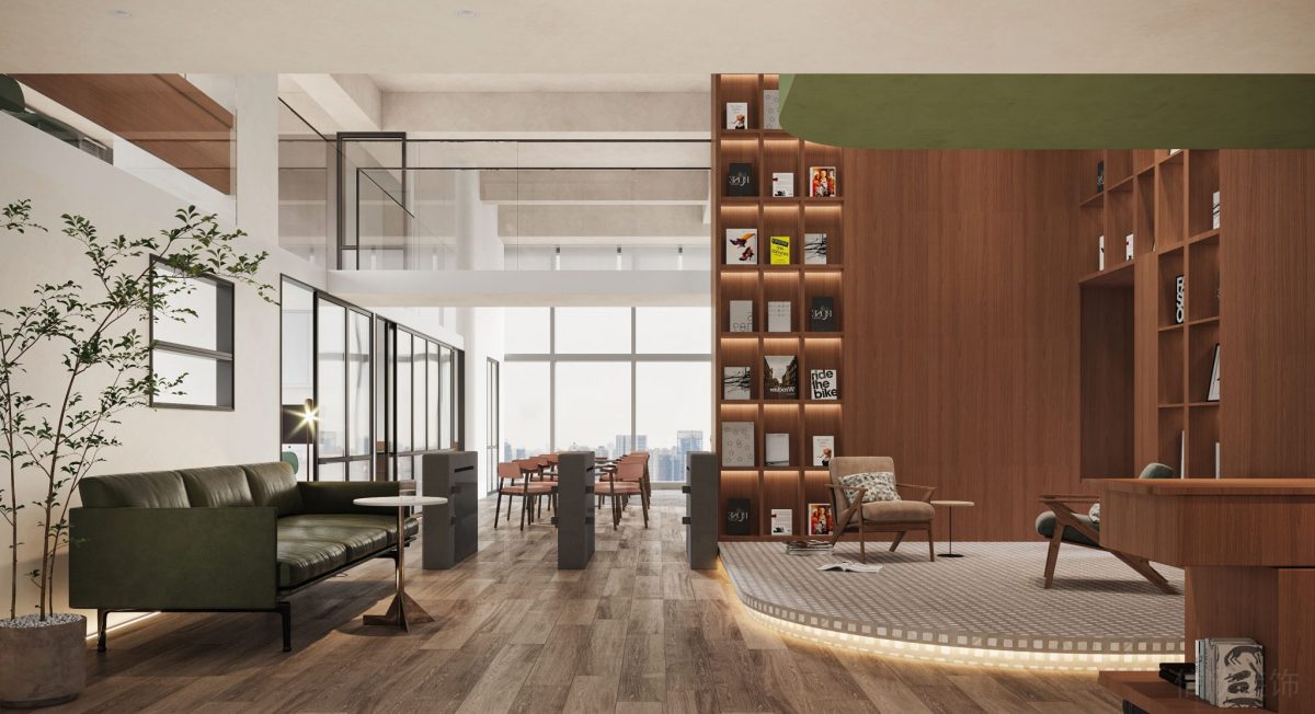 原木風(fēng)辦公室裝修設(shè)計(jì)地臺(tái)燈飾弧線圓角效果綠色皮革沙發(fā)