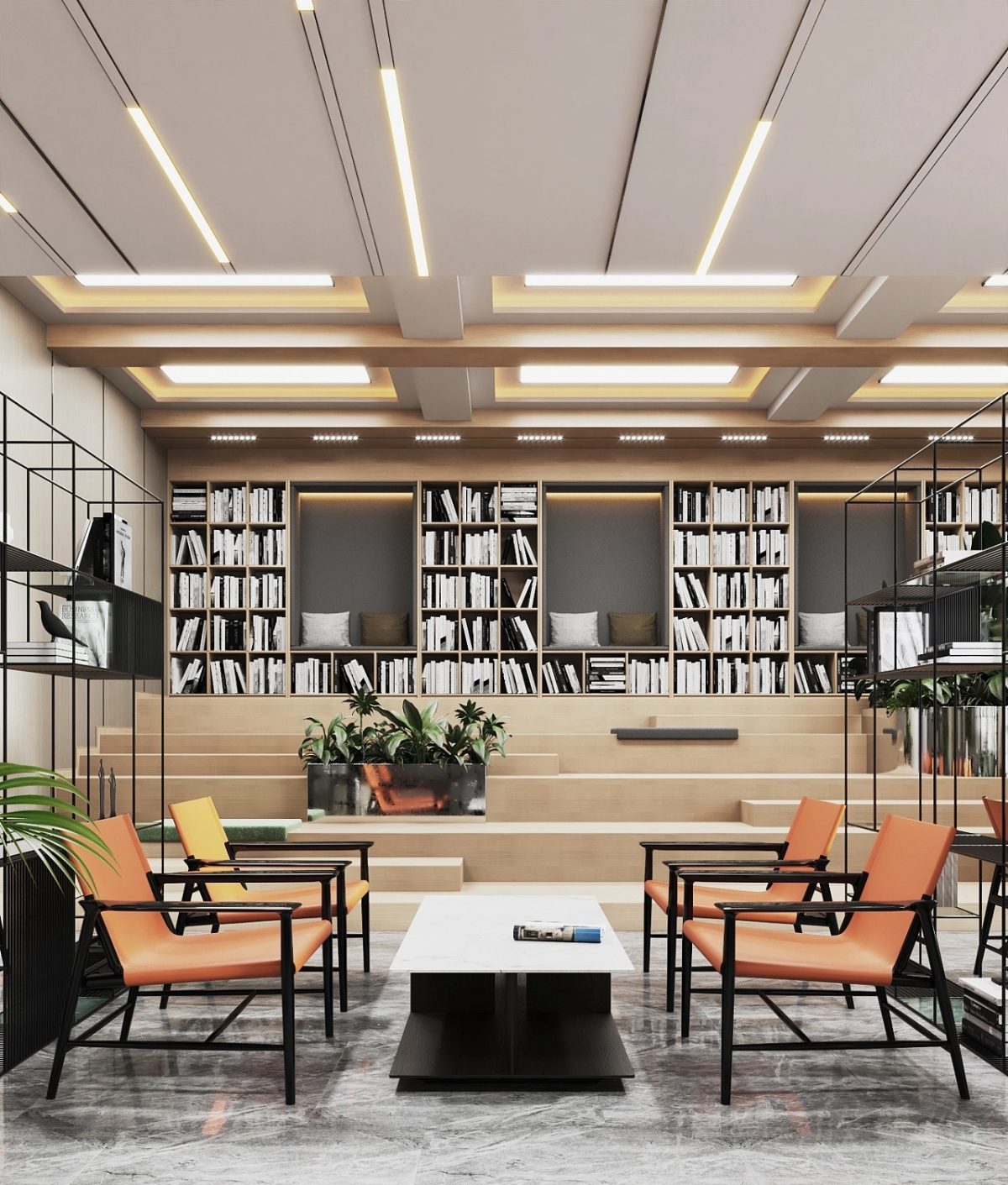 原木風階梯式設計裝修效果書柜設計裝修簡約風橙色休息區(qū)效果