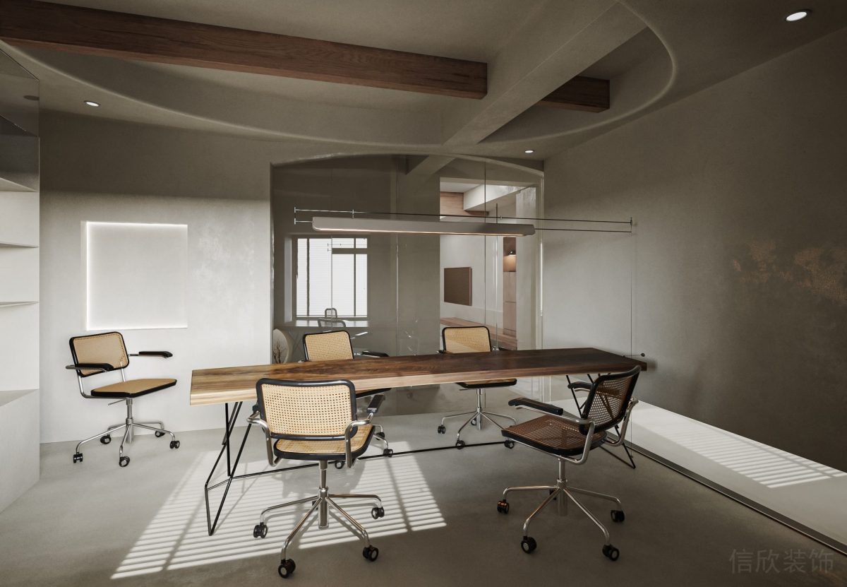 原木極簡風商務(wù)風桌椅設(shè)計灰色墻壁天花板裝修辦公室會議室裝修效果圖