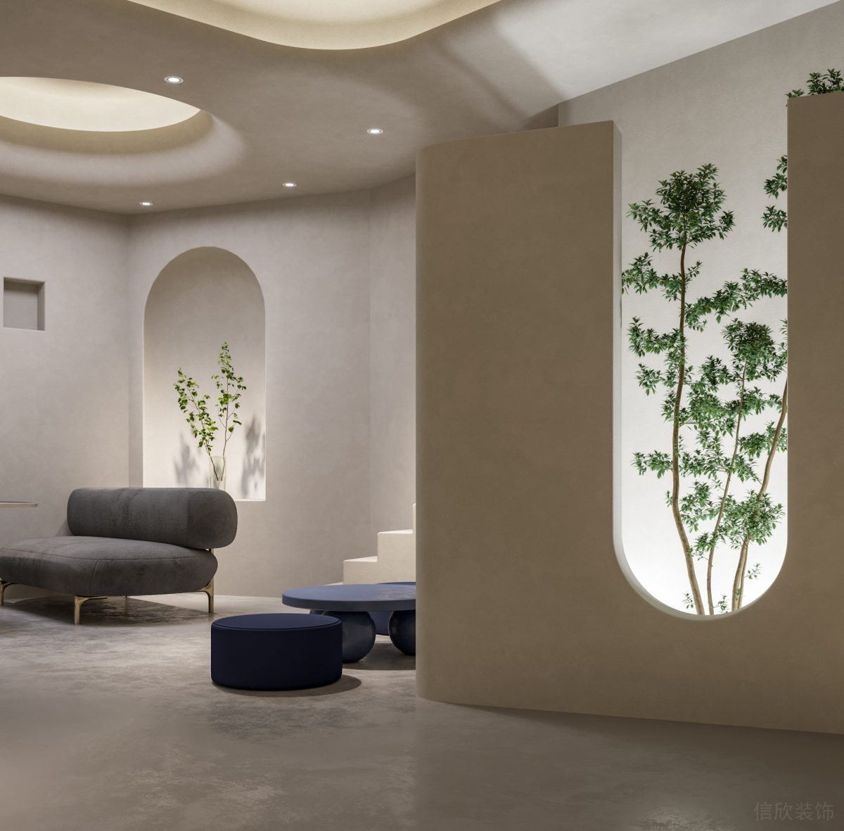 藝術(shù)創(chuàng)意弧形線條裝修設(shè)計(jì)效果圖灰色調(diào)極簡風(fēng)墻體設(shè)計(jì)