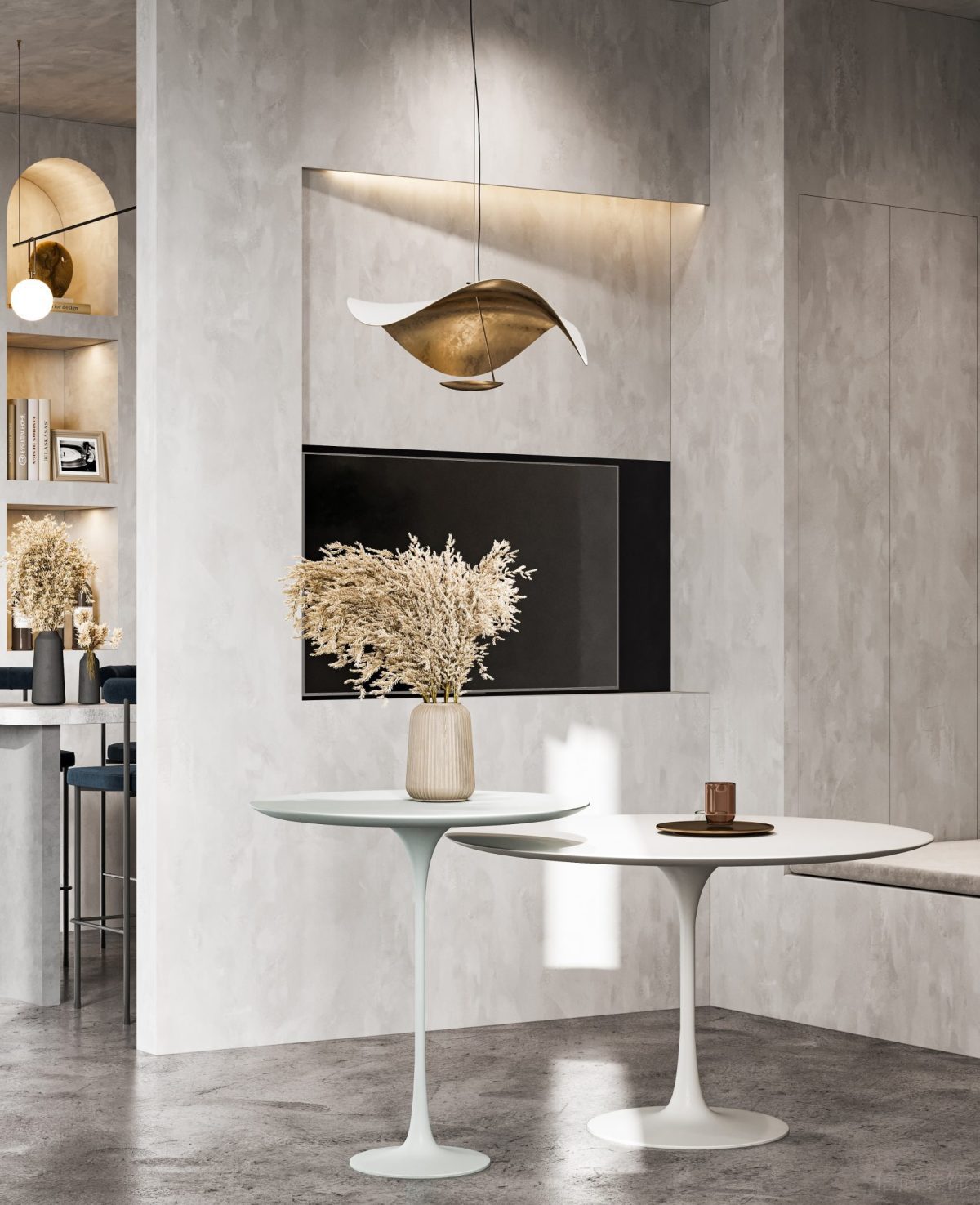 圓形線條設(shè)計(jì)茶幾裝修灰色調(diào)效果辦公室裝修內(nèi)嵌式顯示屏