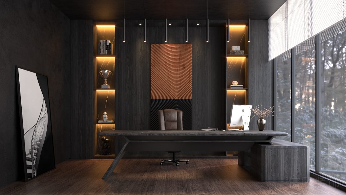 總裁辦公室設(shè)計效果內(nèi)嵌式墻體儲物柜燈飾玻璃隔斷裝修