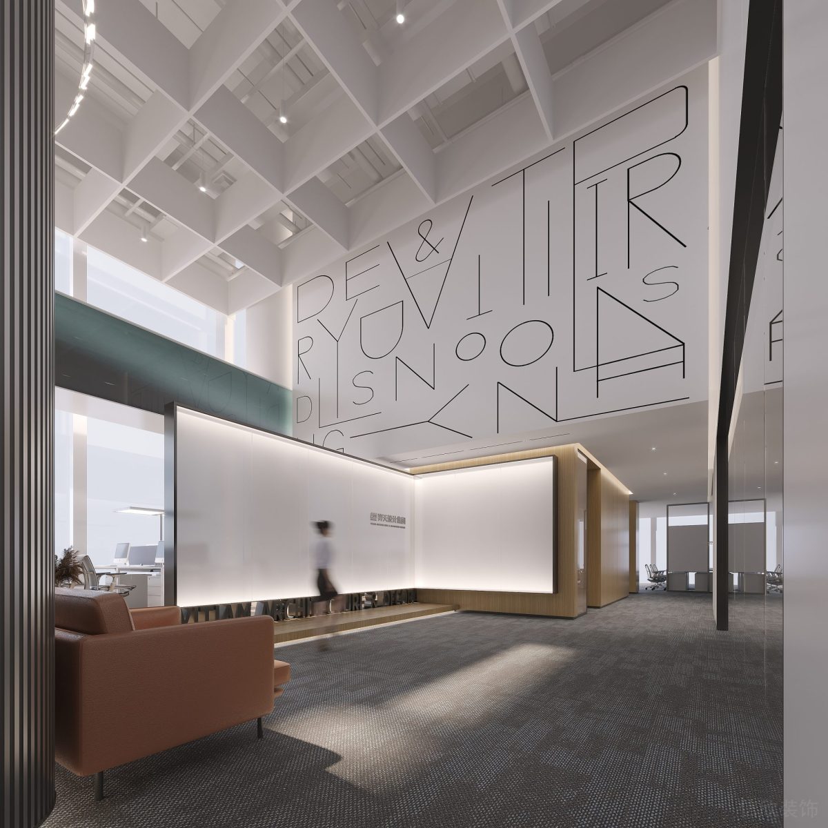 字母設(shè)計(jì)白色半效果辦公室過(guò)道裝修地毯設(shè)計(jì)天花格子裝修辦公室墻