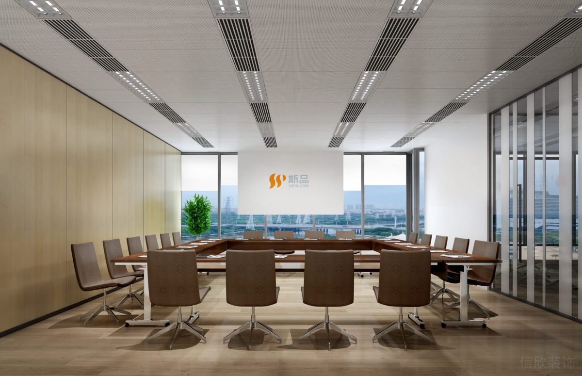 棕色皮革沙發(fā)裝修環(huán)形木質(zhì)地板辦公室設(shè)計(jì)圖