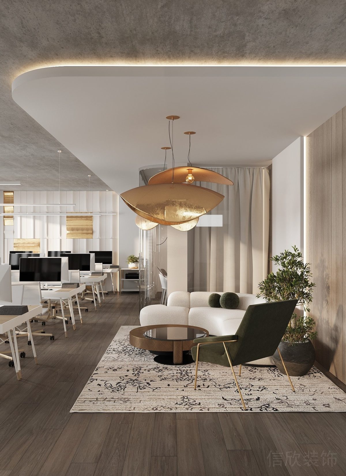 深圳辦公室裝修設計北歐風創(chuàng)意溫馨家具辦公室裝修休息區(qū)鎏金天花吊頂設計圖