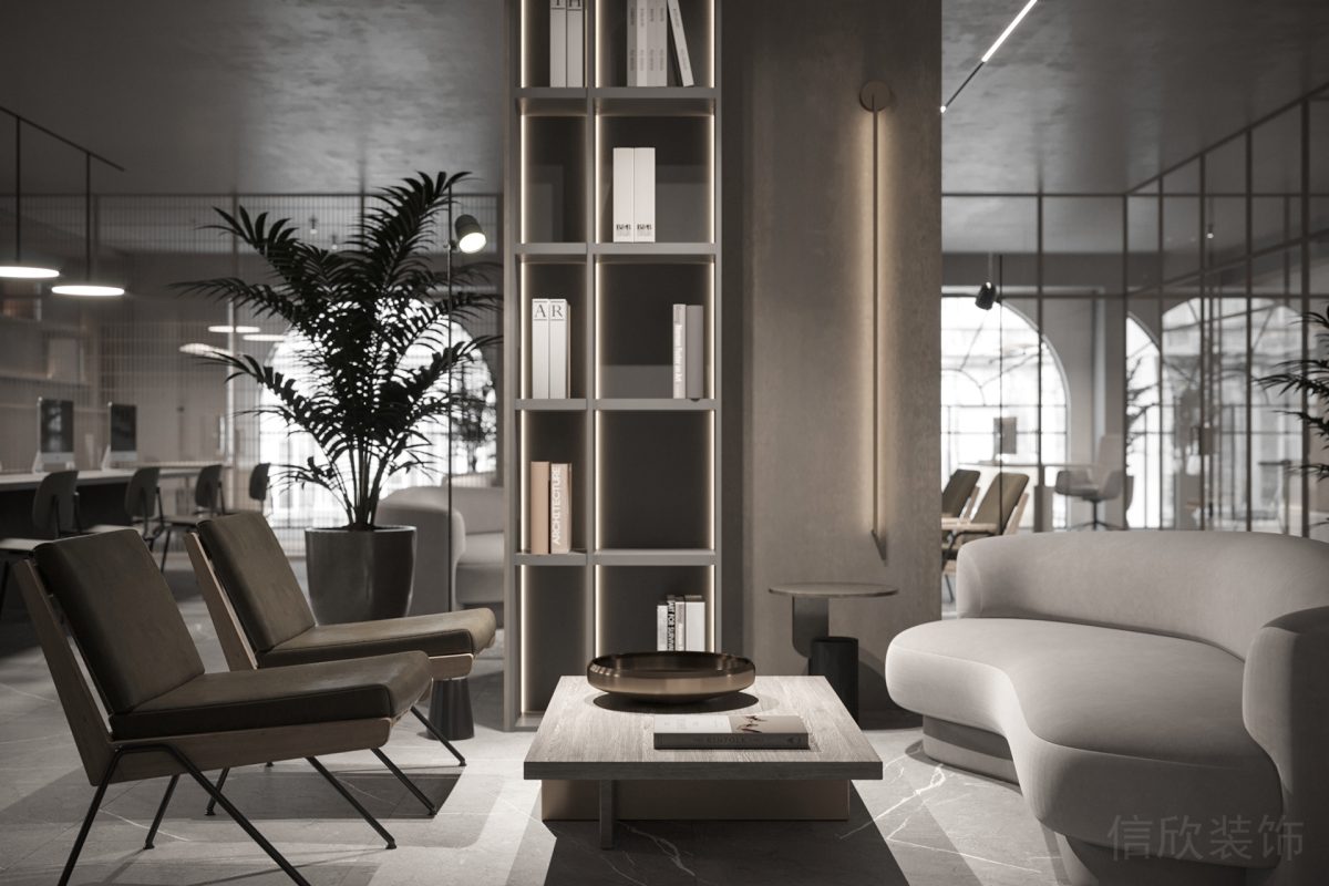 現(xiàn)代簡約風(fēng)灰色調(diào)商務(wù)休息區(qū)深圳工作室裝修木質(zhì)茶幾休息區(qū)設(shè)計
