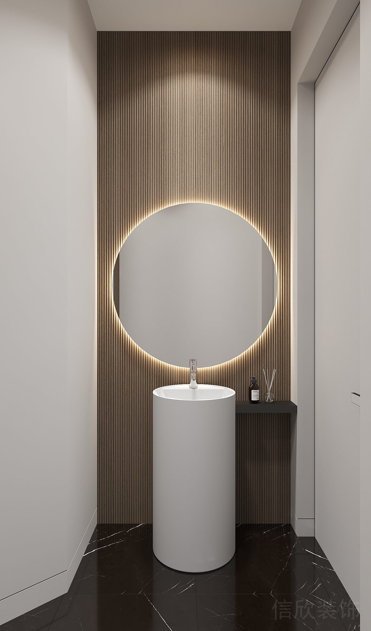 洗手間木質鏤空墻體隔斷木飾面環(huán)保高端木材設計圓形洗手池現(xiàn)代簡約風辦公室裝修