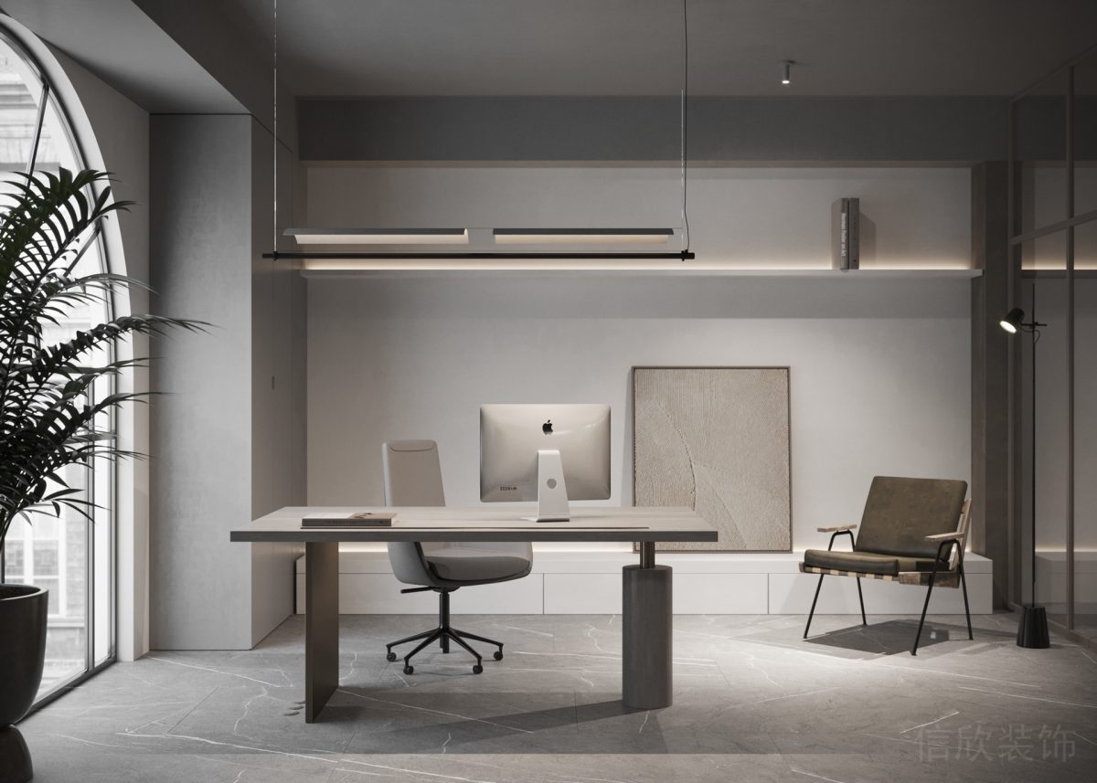 總裁辦公室裝修設(shè)計木質(zhì)工作桌效果天花燈帶裝修圖拱形玻璃門窗設(shè)計