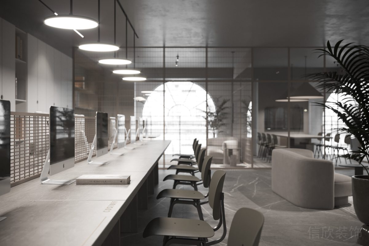 直線式長桌設(shè)計效果多人工位員工研發(fā)區(qū)域深圳辦公室設(shè)計鏤空竹編墻體隔斷