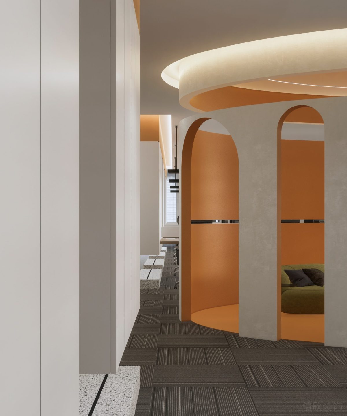 橙色設(shè)計(jì)休息區(qū)辦公室裝修設(shè)計(jì)拱形門框過(guò)道開放式員工休息區(qū)