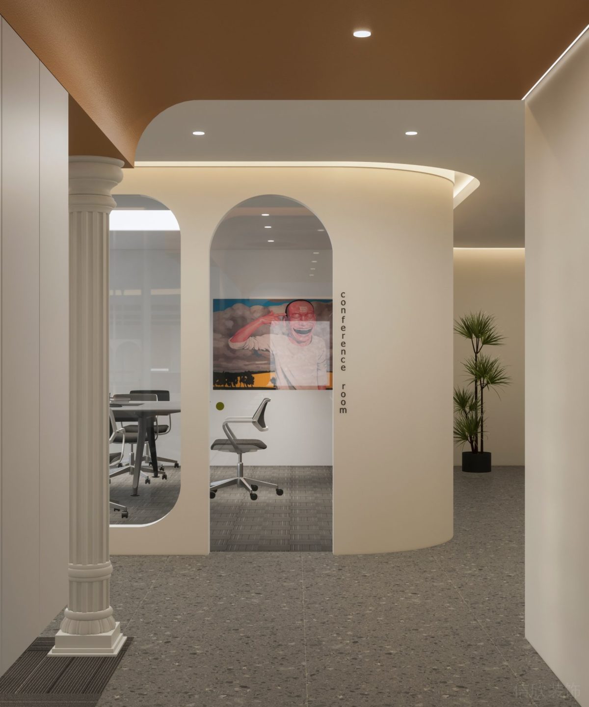 橙色天花現(xiàn)代古典風(fēng)石膏線設(shè)計(jì)墻柱過(guò)道水磨石工作室