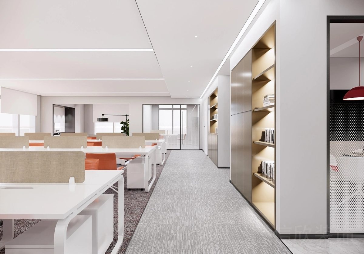 金屬墻體設(shè)計(jì)效果書柜設(shè)計(jì)過(guò)道效果裝修多人工位玻璃隔斷漸變色墻體玻璃