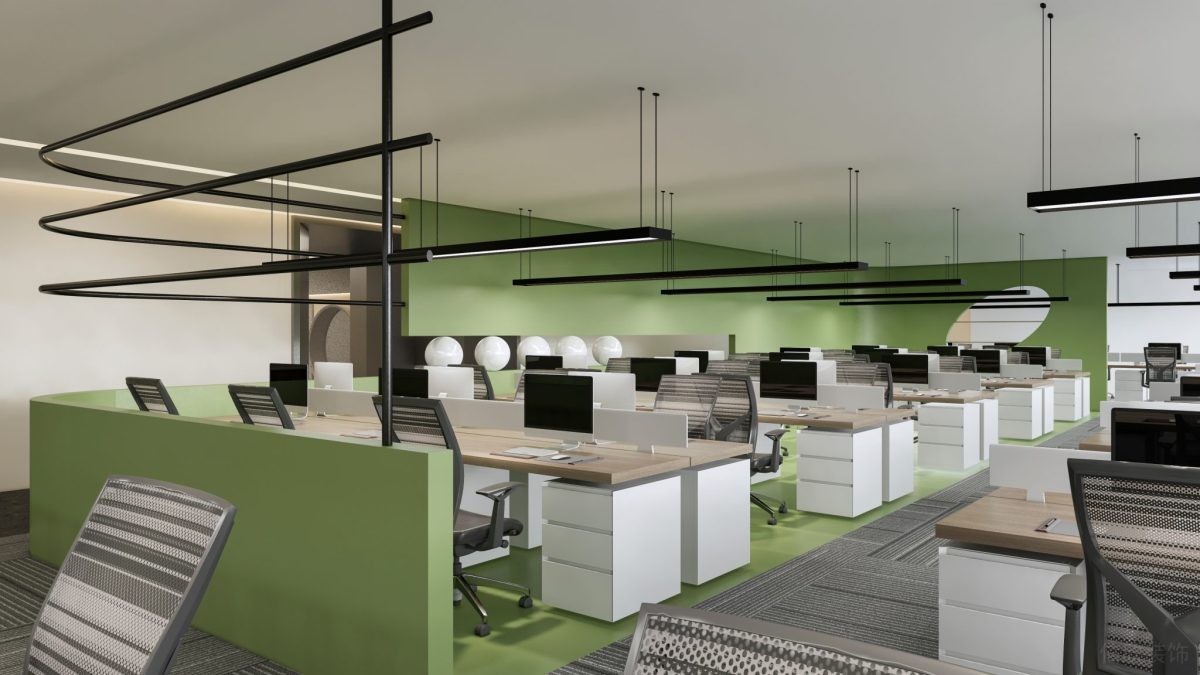 綠色設(shè)計(jì)效果圖多人工位員工研發(fā)區(qū)域工作室裝修圖