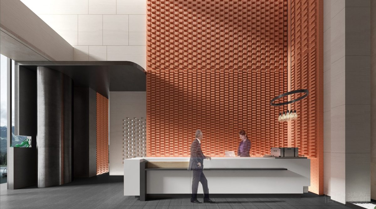 藍色設(shè)計效果裝修前臺區(qū)辦公室客服中心接待處直線式白色長桌幾何造型木質(zhì)地板裝修圖