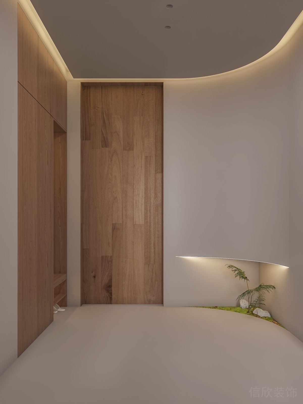 日式極簡風(fēng)辦公室裝修設(shè)計弧線墻體效果木質(zhì)門效果微景觀拐角效果設(shè)計