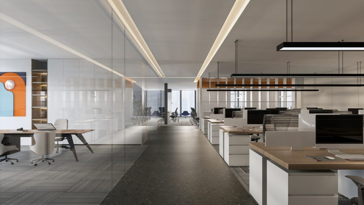 水磨石地板過(guò)道走廊設(shè)計(jì)多人工位效果圖玻璃隔斷