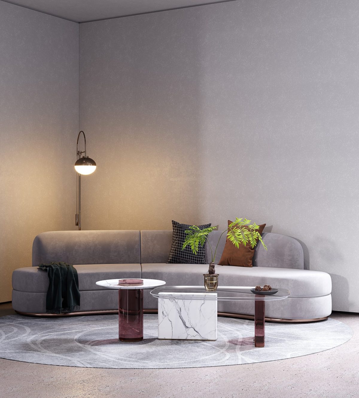 亞克力透色設(shè)計(jì)效果環(huán)形灰色調(diào)沙發(fā)現(xiàn)代藝術(shù)感設(shè)計(jì)ins風(fēng)辦公室裝圖