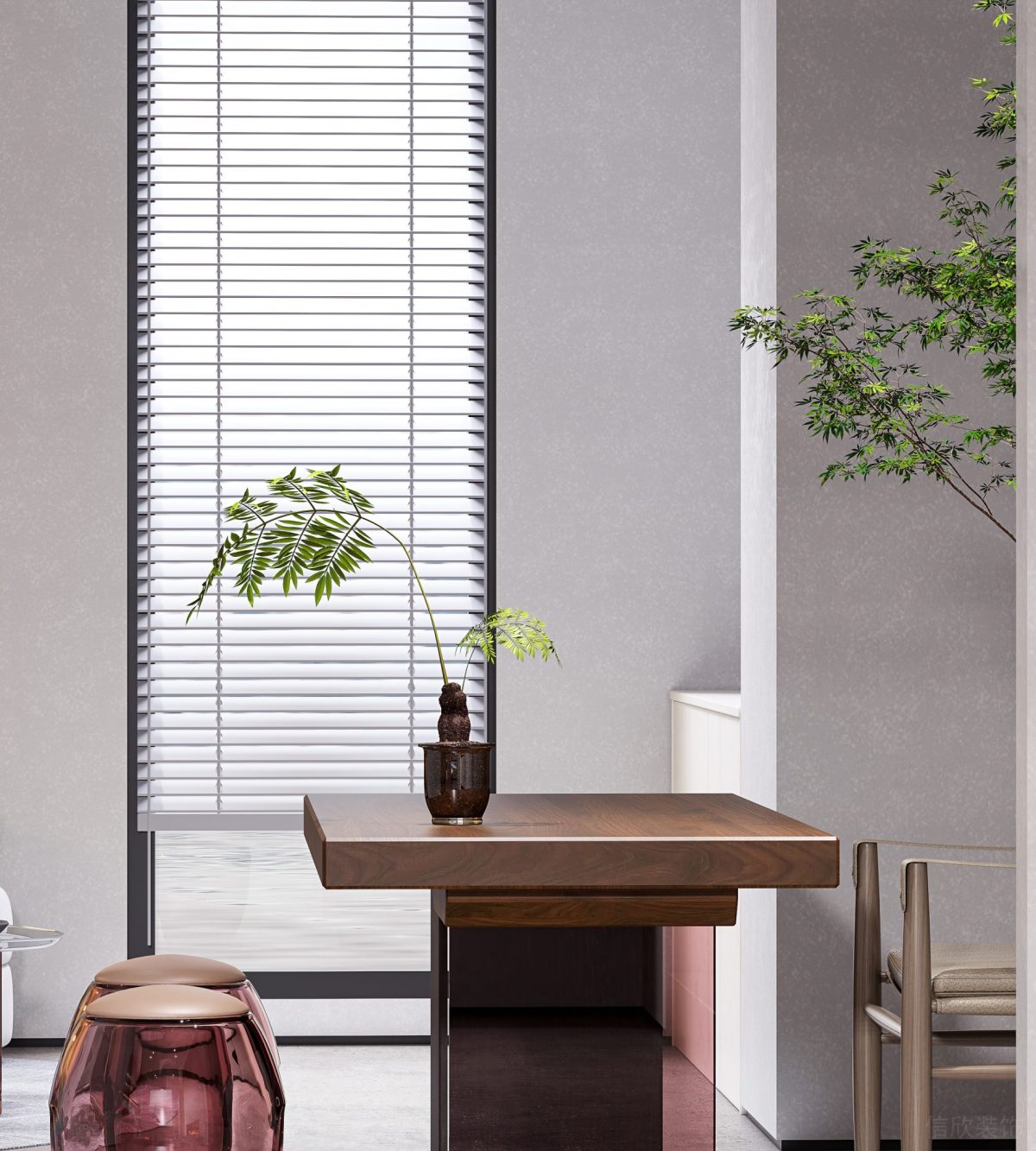 亞克力座椅辦公室裝修設(shè)計(jì)木質(zhì)休息區(qū)洽談室裝修透色沙發(fā)效果新中式百葉窗裝修圖