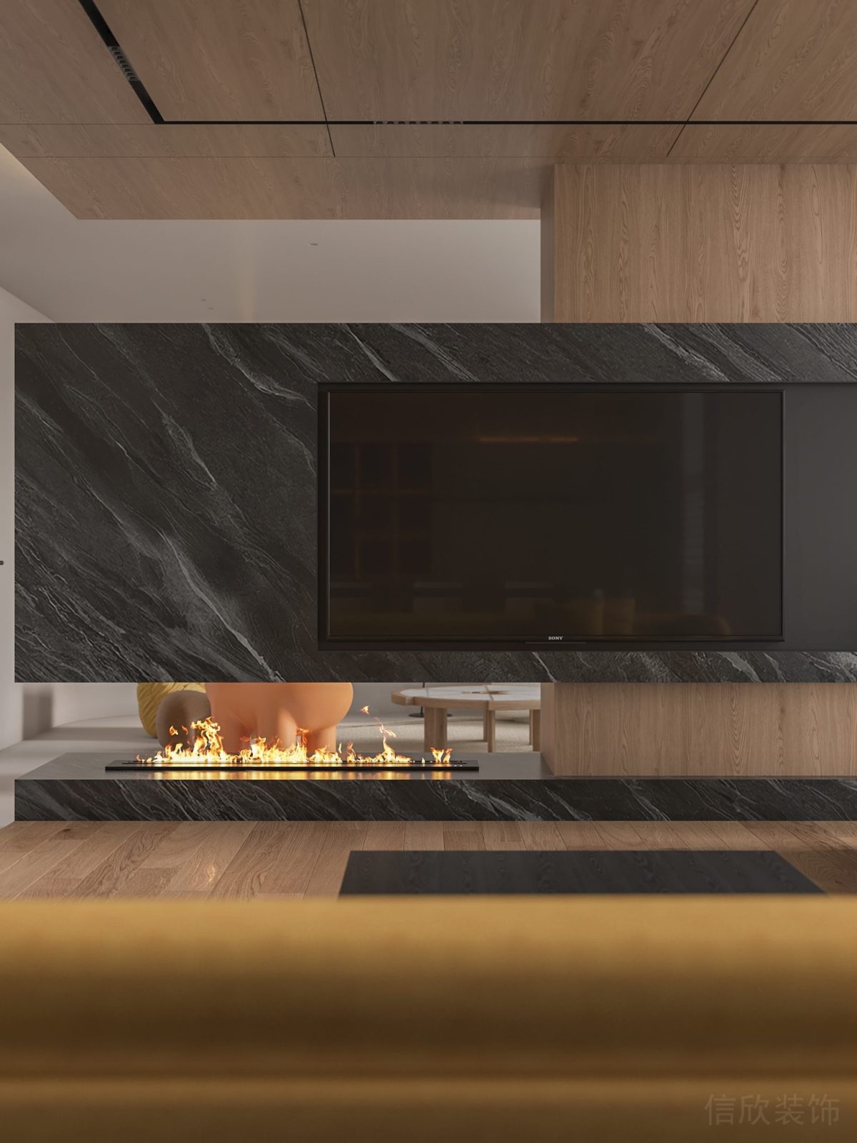 原木風(fēng)辦公室裝修效果火焰加濕器辦公室內(nèi)嵌式顯示屏電視設(shè)計洽談區(qū)意大利高端肌理大理石效果