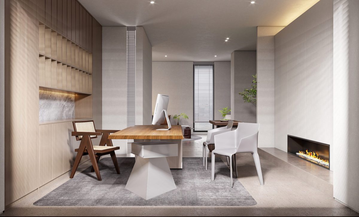 中式風(fēng)辦公室裝修設(shè)計(jì)火焰加濕器老板辦公室裝修風(fēng)水辦公室木質(zhì)裝修圖