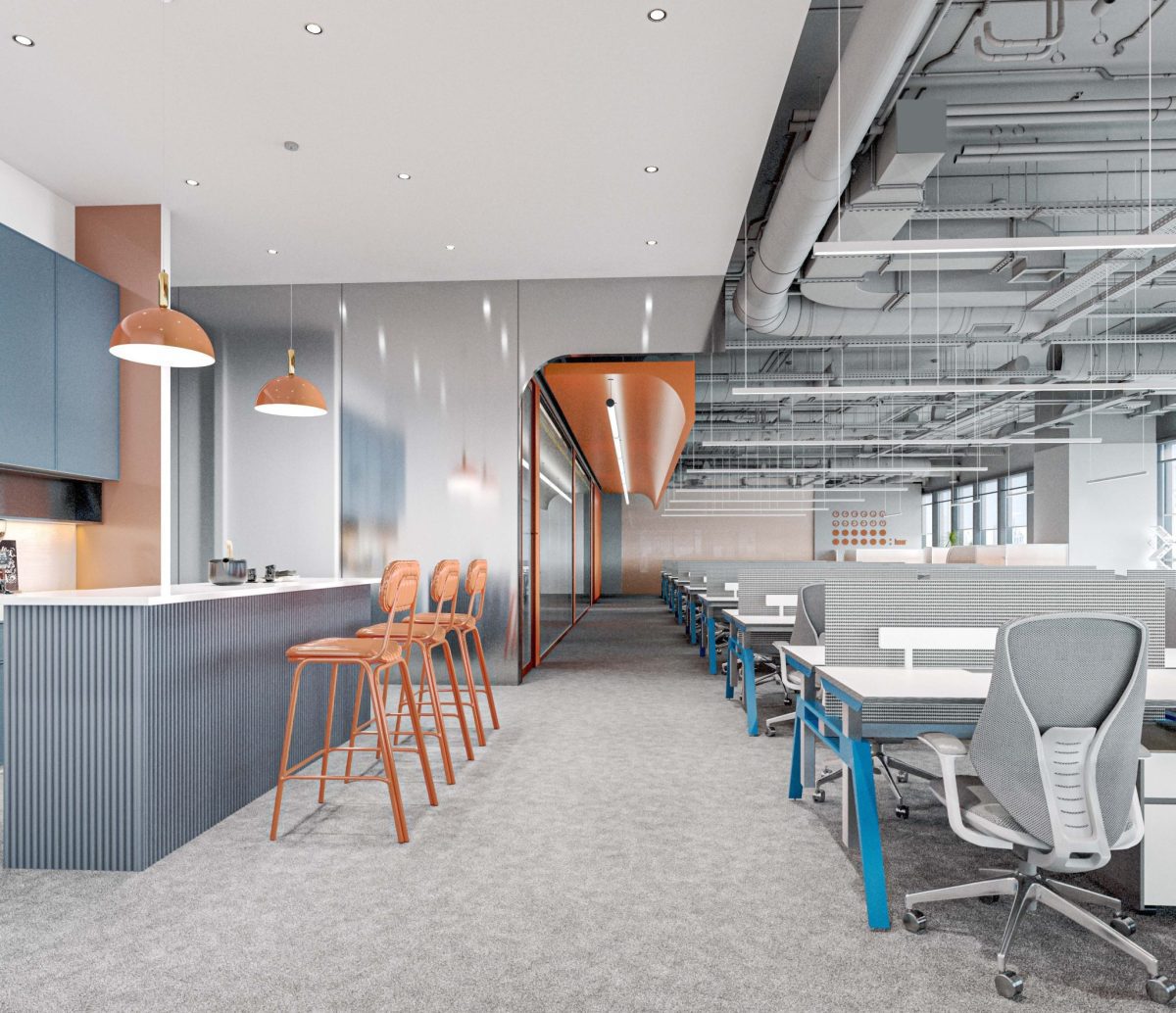 辦公室茶水區(qū)藍(lán)色吧臺柜效果圖