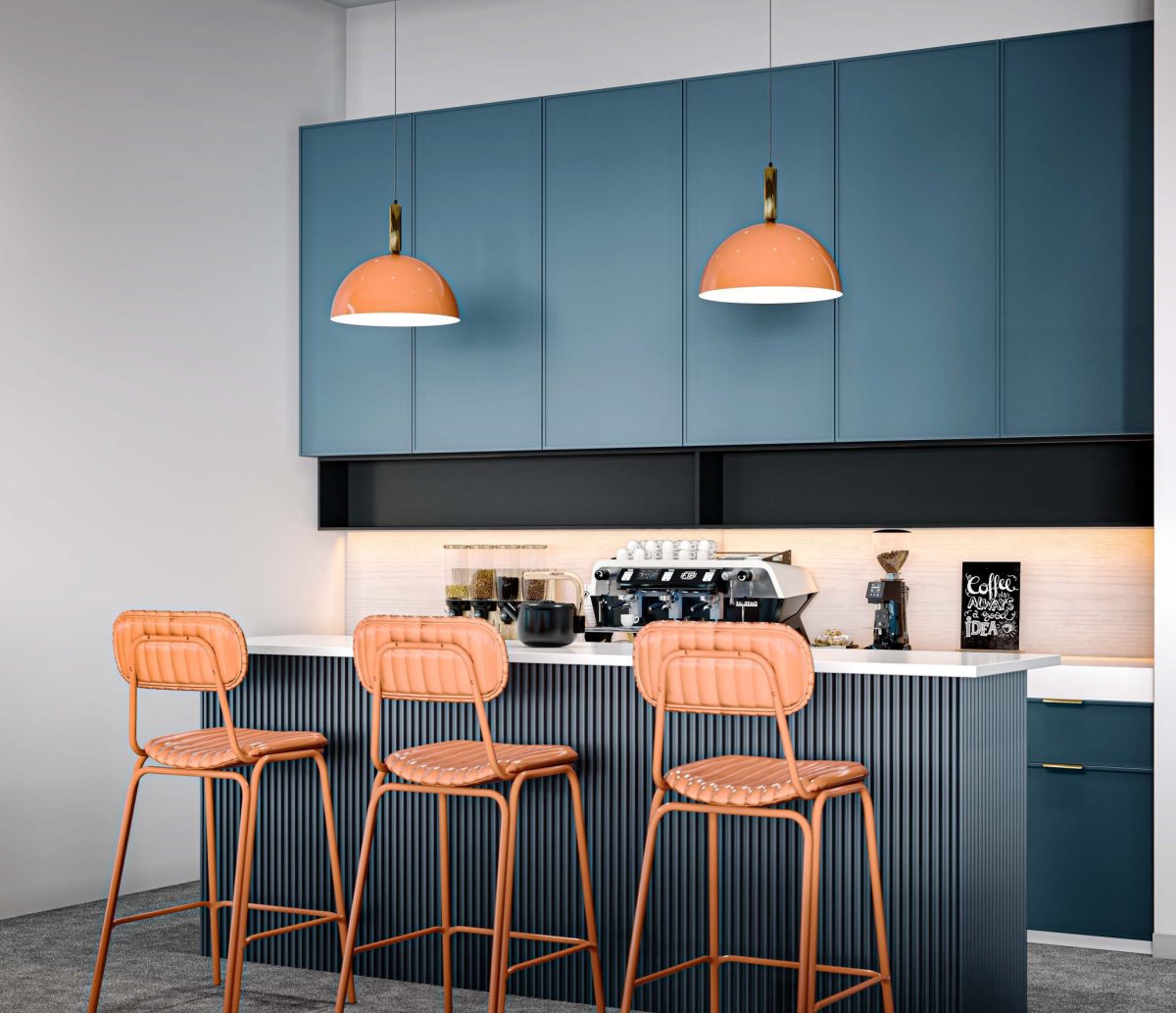 辦公室茶水區(qū)裝修藍(lán)色吧臺柜